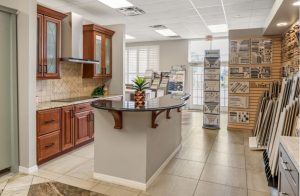 Inside S&W Kitchens Melbourne showroom kitchen layout with selection boards