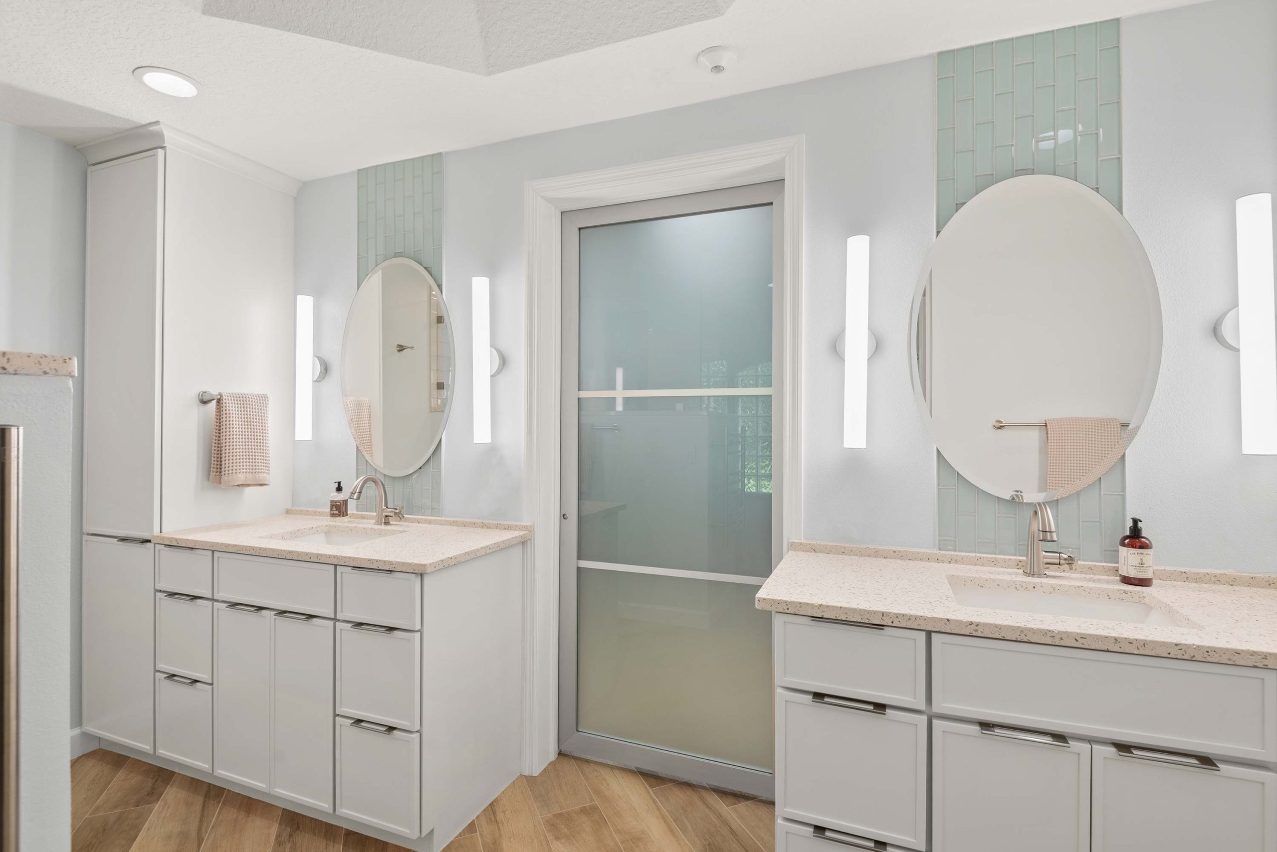 Glenwood Oaks Lane aging in place bath remodel white vanity