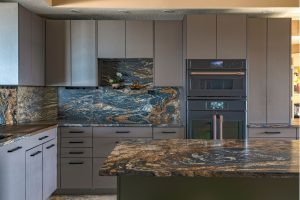 S&W Kitchens Clearwater modern kitchen remodel grey cabinets, dark countertops