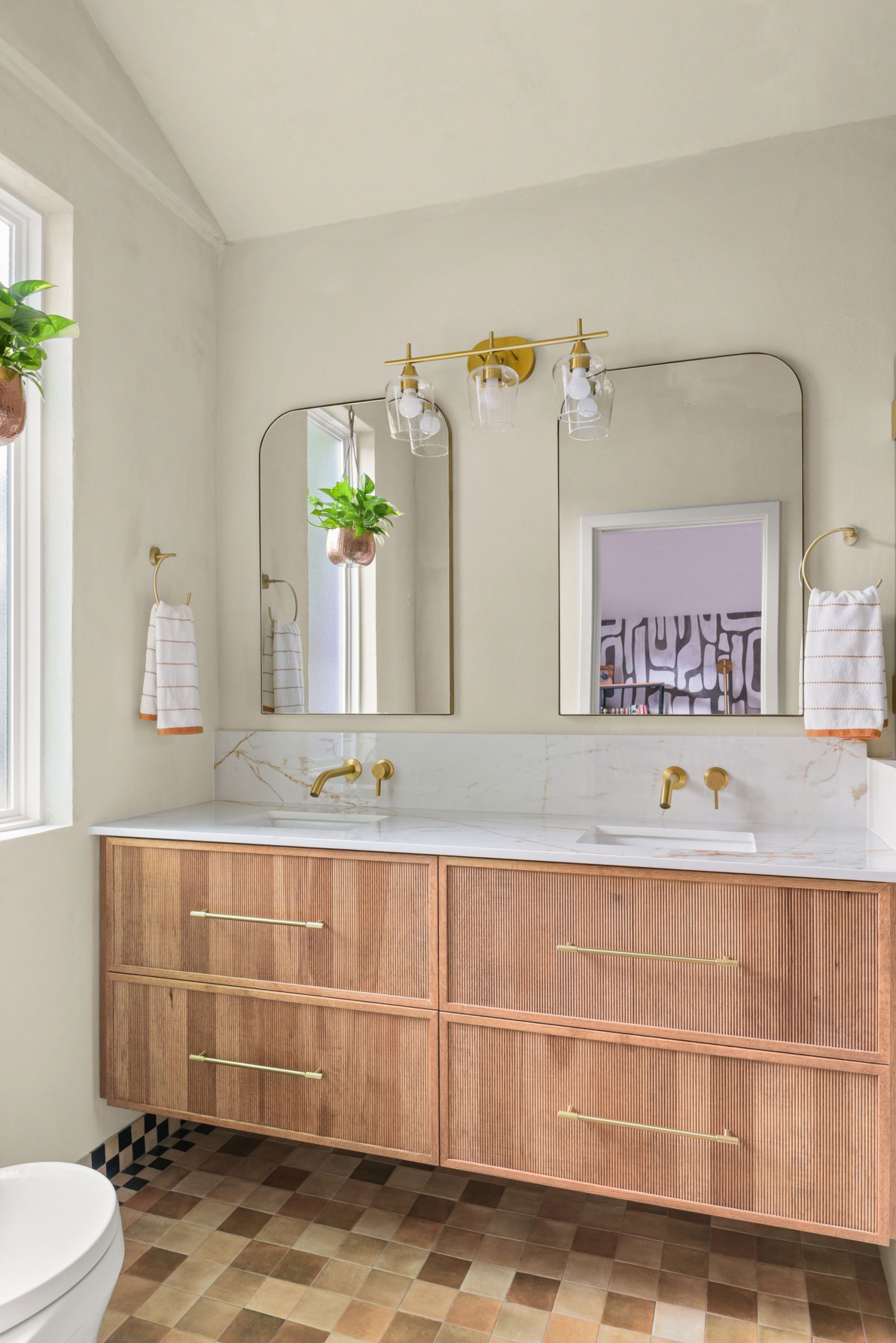 Oregon Street Bathroom remodel project wood double vanity