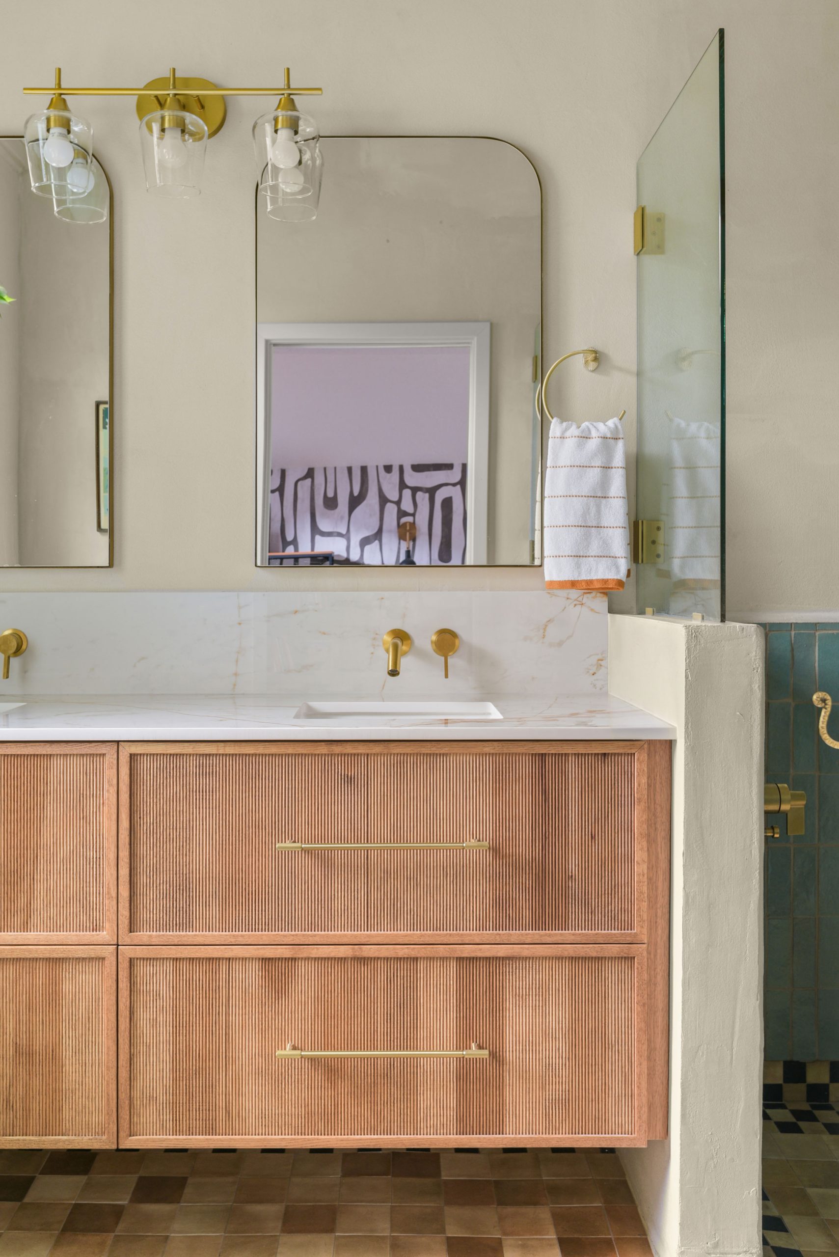 Oregon Street Bathroom remodel project wood vanity, brass fixtures