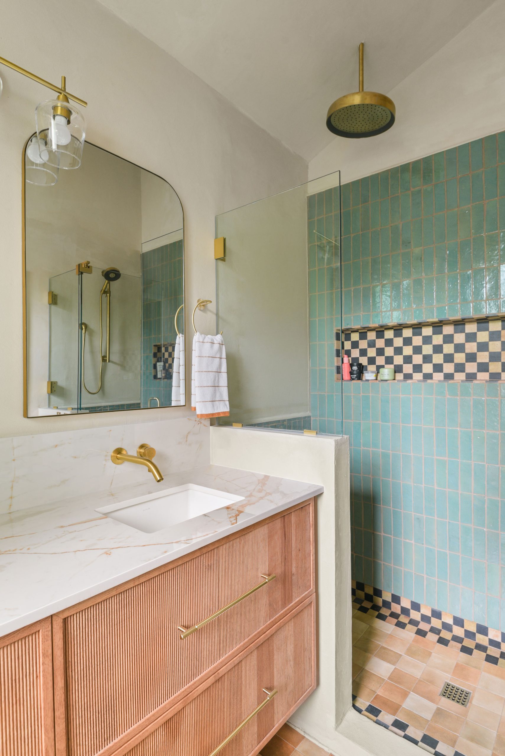 Bathroom remodel project wood vanity walk-in shower