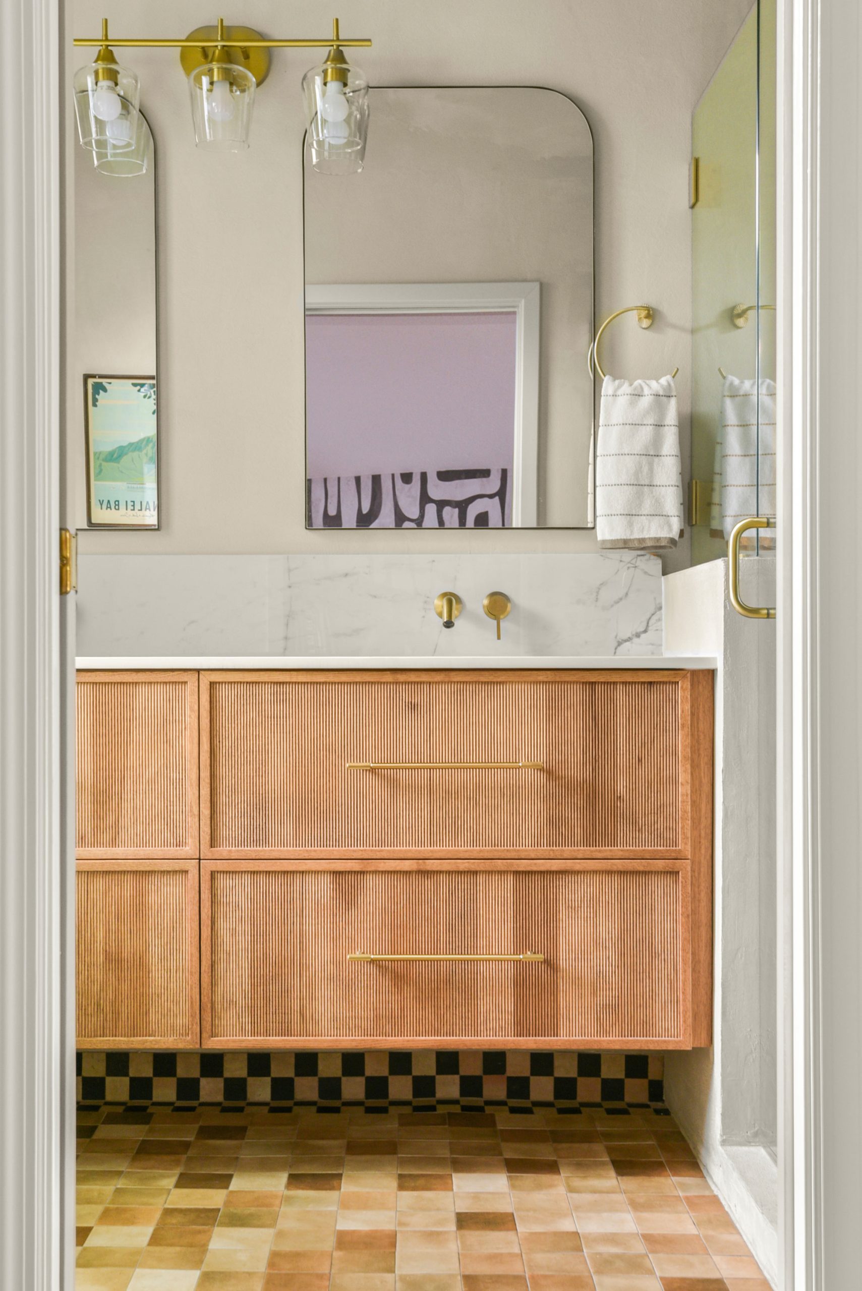 Oregon Street bathroom remodel project vanity, sink and brass fixture