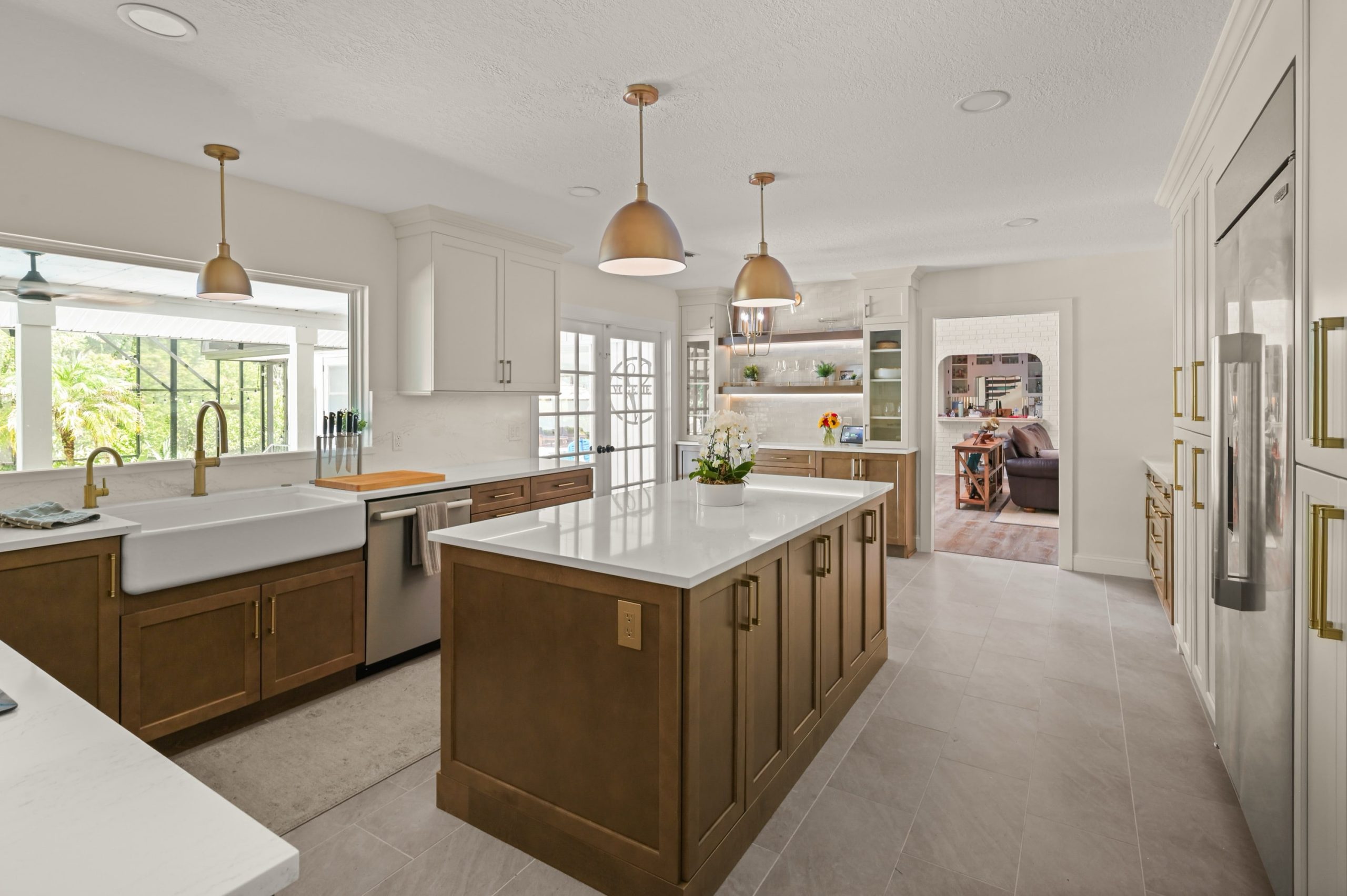 Sweetwater kitchen remodel project look over island to living room